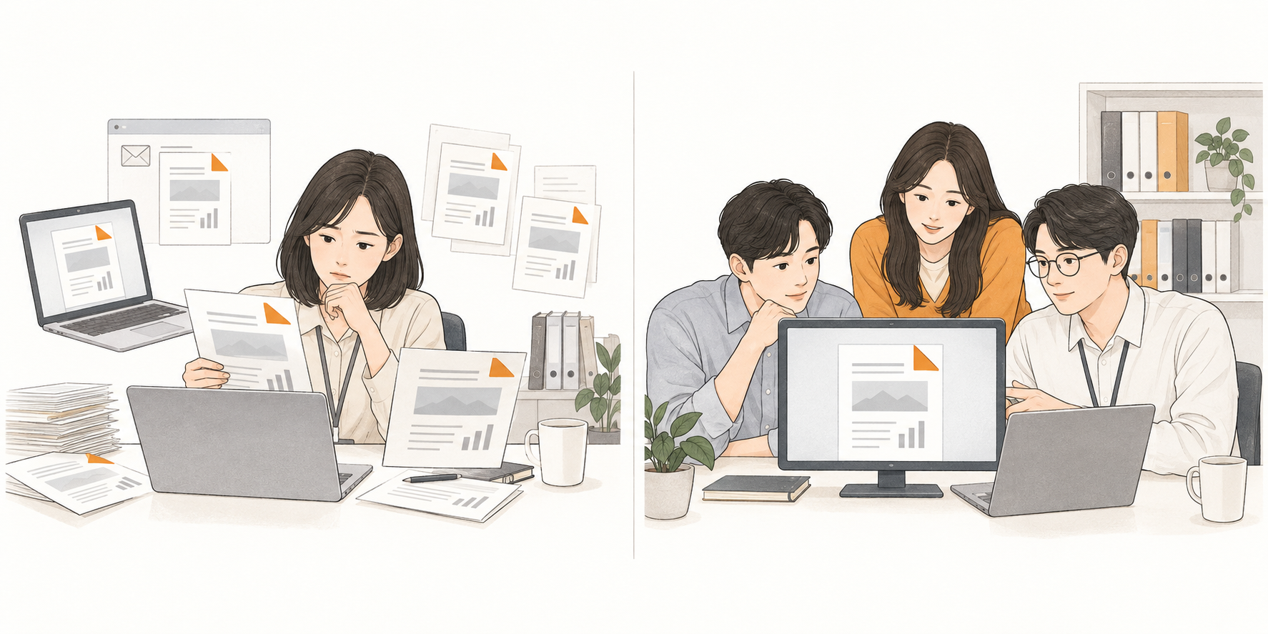 왼쪽은 PC·메일·종이의 여러 보고서를 비교하는 직원, 오른쪽은 같은 팀 보고서를 함께 확인하는 동료들의 설명용 그림.