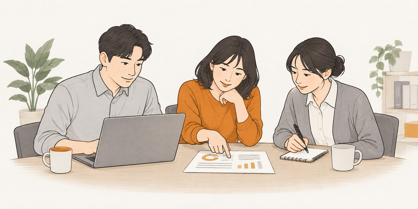 세 동료가 노트북과 예시 보고서를 보며 작성·검토할 내용을 확인하고 다음 조치를 메모하는 설명용 그림.